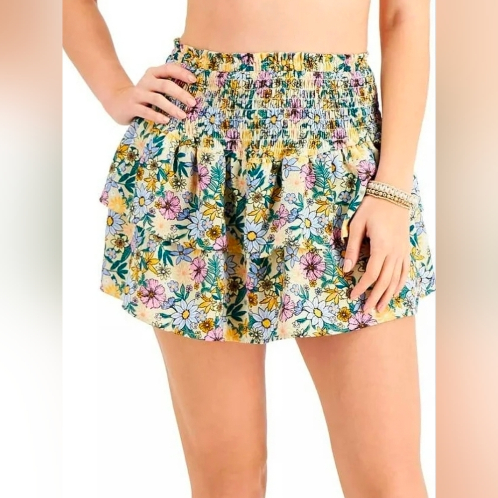 Miken Floral Smocked Waist Mini Skirt - Teal, Yellow, Pink